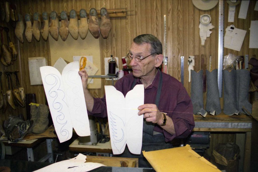 Joe shows his sketches for boot shafts.