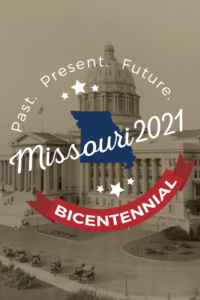 Red, white, blue, and sepia Missouri 2021 logo