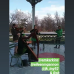 Screengrab from Instagram Story; Eileen Gannon plays harp while Eimear Arkins plays the fiddle under a park gazebo. The caption reads, "Fun in the park for St. Patrick's Day 2020"