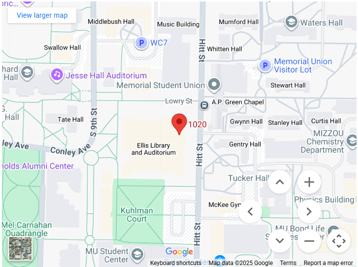 Map locating Missouri Folk Arts Program on University of Missouri Campus