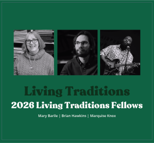 Images of Barile, Hawkins, and Knox with text announcing they are 2026 Living Traditions Fellows